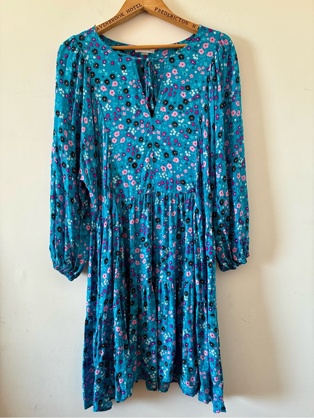 CALVIN KLEIN Teal Ditzy Floral Long-Sleeve Tiered Dress- Size 14 - Picture 1 of 13